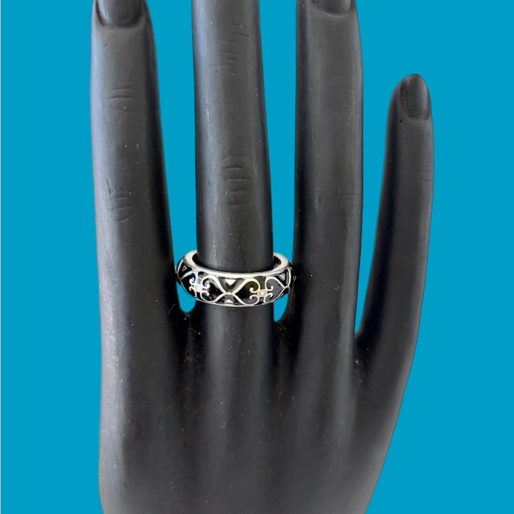 Brighton Meridian Geo Band Ring. Sterling Silver.  Black and silver graphic